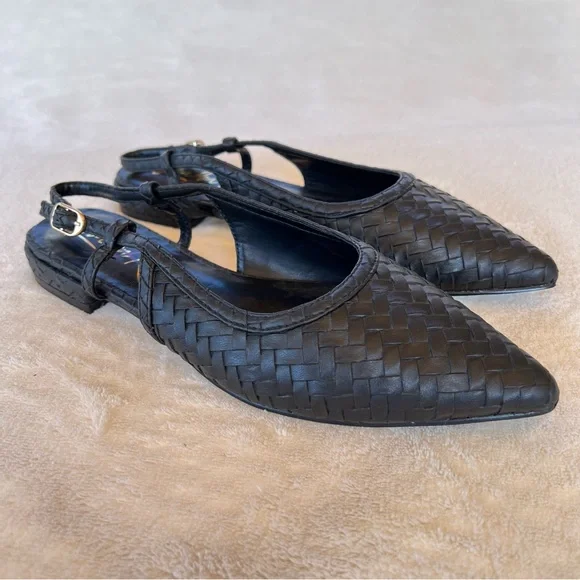 LONDON RAG WOVEN BLACK SLINGBACKS FLATS SANDALS POINT TOE SIZE 6 NWT - Picture 3 of 8